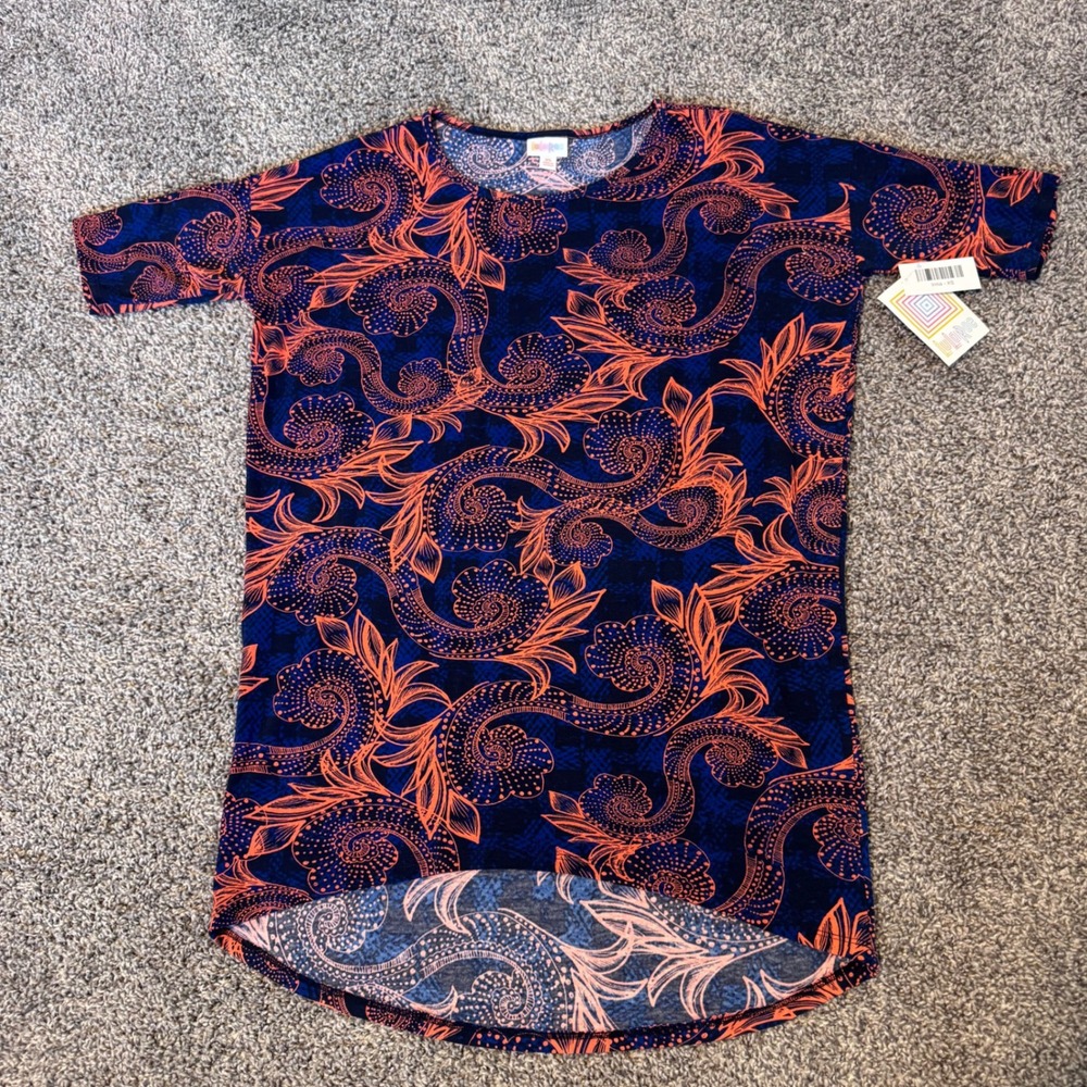 NWT LuLaRoe Irma Oversized Orange Blue Black Leaf Print Top Women's Size XS New